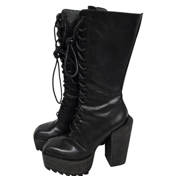 Darker Wavs Flanger Chunky Platform Boot Combat Black Square Toe Angular Retro 7 - Picture 1 of 15